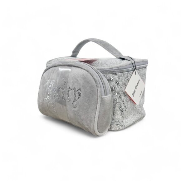 Juicy Couture Cosmetic Makeup Bag Silver Glitter & Terry Velour Train Duo Set - Picture 5 of 6